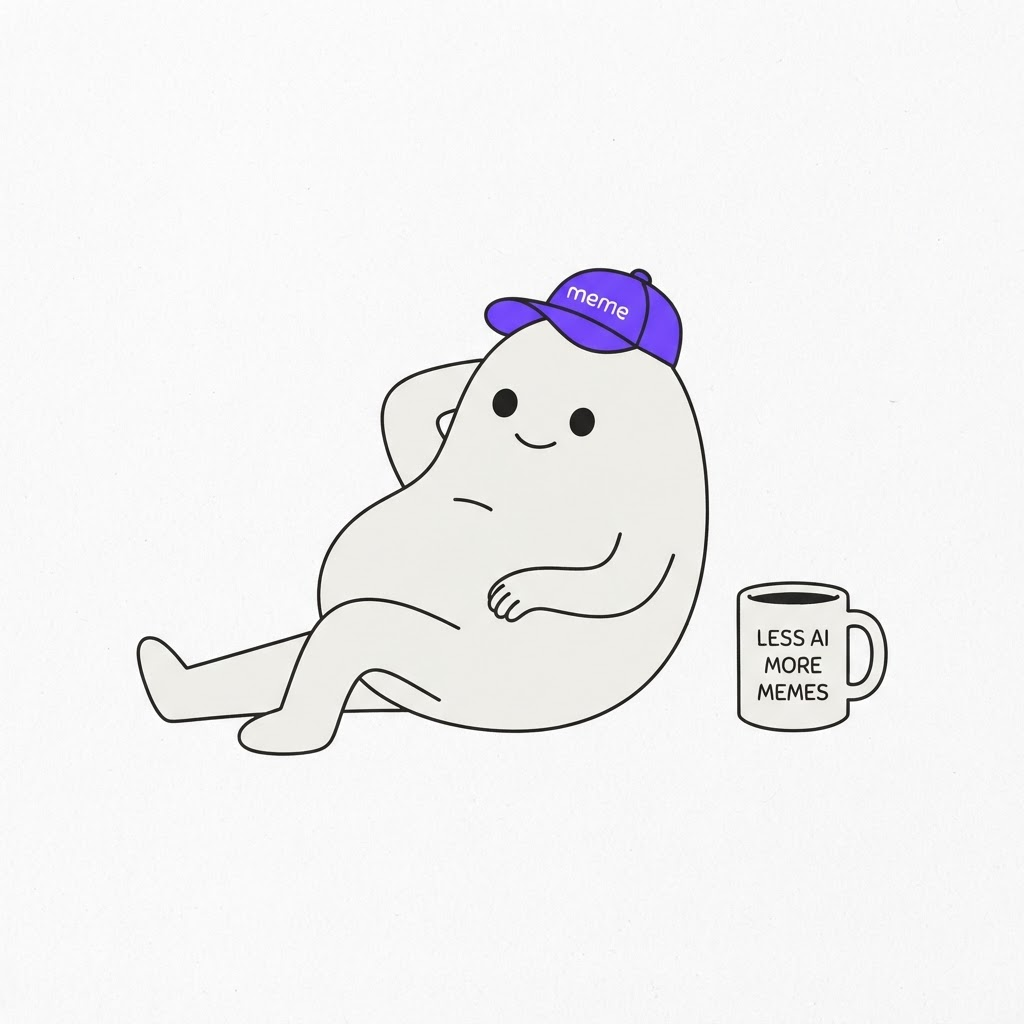 Meme mascot relaxing with a coffee mug that reads less AI more memes